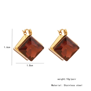 Detailed size view of geometric amber stud earrings in polished stainless steel