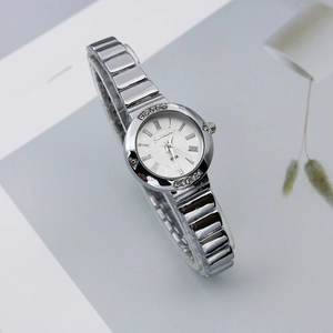 Detail of silver ladies watch with Roman numeral dial and diamond-set bezel on steel strap