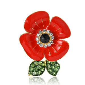 Exquisite red enamel poppy flower brooch with sparkling green rhinestones and golden base