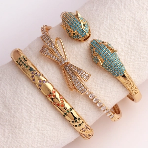Luxury gold plated bangle set with leopard head, bow and colorful zircon stones