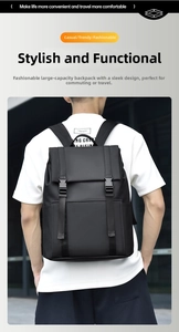 Urban commuter black backpack featuring a classic flap closure and dual buckle straps