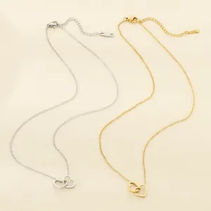 Interlocking Double Heart Pendant Necklace Stainless Steel 18K Gold Plated Hollow Clavicle Chain Sweet Jewelry For Women
