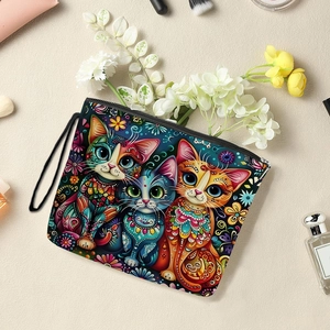 Floral cat cosmetic bag with zipper and hand strap for toiletries and travel makeup