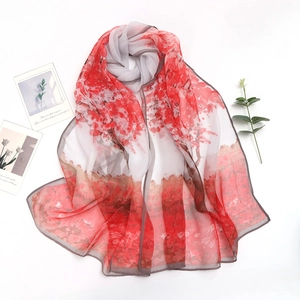 Red and grey gradient silk scarf with tree pattern and lightweight breathable texture