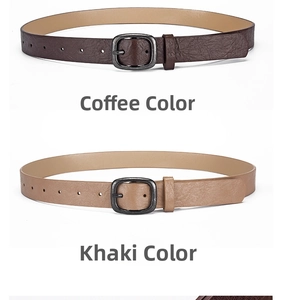 Detail view of coffee and khaki leopard print belts with vintage metal buckles
