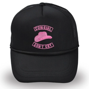 Black trucker cap with pink Cowgirl embroidery and breathable mesh, front view
