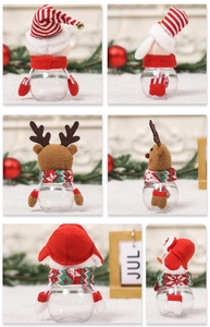 Detailed views of Christmas candy jars featuring Santa, elk, and snowman characters