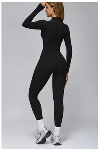 Rear view of black long-sleeve thermal yoga catsuit with slim fit and high neck design