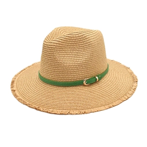 Panama straw hat with green leather belt buckle and fringe edge for beach vacation