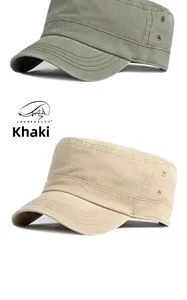 Detail view of khaki and army green flat top military caps with metallic side eyelets
