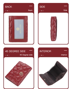 Detailed multi-angle views of red quilted leather card holder with accordion slots