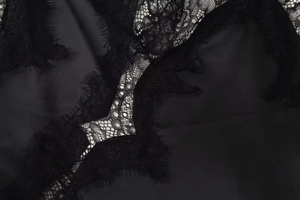 Gros plan sur la dentelle de cils noire complexe et la texture fine du tissu sur le haut