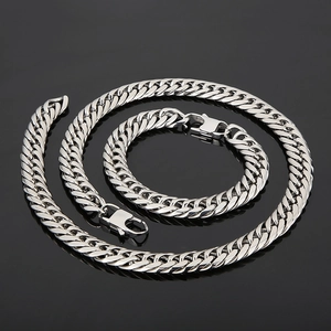 Polished silver stainless steel Cuban link necklace and bracelet set with lobster clasp