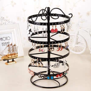 Rotating black metal jewelry stand with 4 tiers for earring storage and display