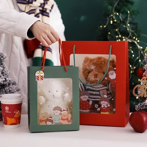 Christmas Gift Bags Cardboard Xmas Holiday Handheld Paper Bag With Clear Window Cartoon Illustration Merry Christmas Print