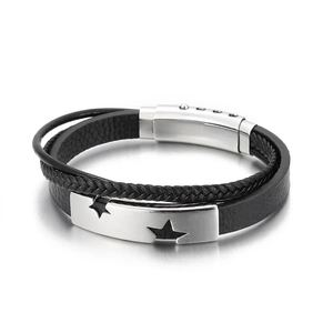 Bracciale Da Uomo In Vera Pelle Intrecciata Multistrato Con Piastra A Stella In Acciaio Inossidabile Bangle Punk Chiusura Magnetica