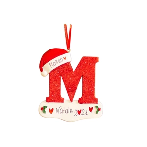 Detail of red glitter M shaped Christmas tree ornament with Santa hat and Matteo engraving