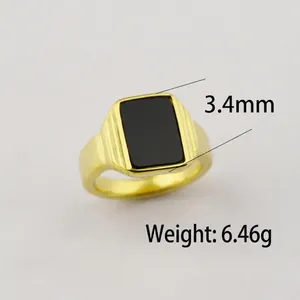 Retro 18K gold plated stainless steel signet ring with black square stone and stripes