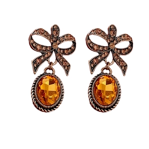 Vintage bow earrings with sparkling rhinestones and amber gemstone drops for women