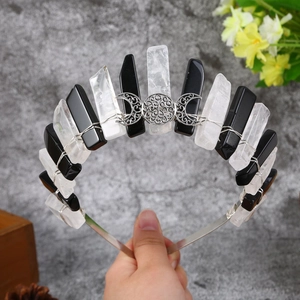 Handmade crown with black and white natural crystals and moon phase charm on metal band