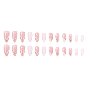 Pink and white almond press-on nails with floral gold leaf patterns for daily wear