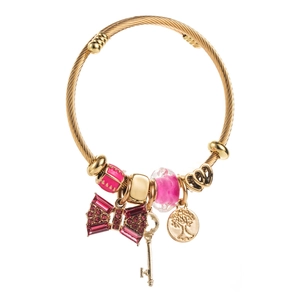 Bracelet câble doré avec pendentif nœud en cristal rose et breloque arbre de vie