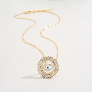 Evil Eye Round Pendant Necklace Brass Gold Plated Sparkling Cubic Zirconia Enamel Hypoallergenic Trendy Jewelry For Women