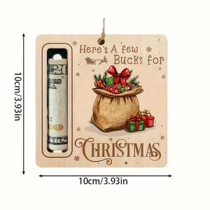 Macro detail of wooden Christmas money holder ornament with 10cm size marking and text