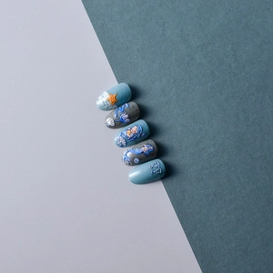 5D embossed mermaid and shell nail stickers in grey-blue with 3D starfish and bows