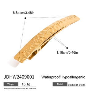 Detail showing the hammered texture of the golden stainless steel hair clip with dimensions