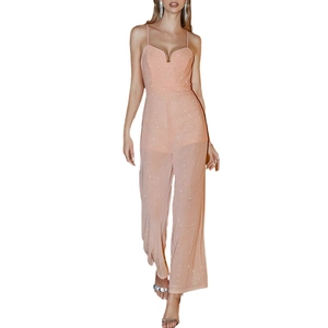 Eleganter rosa Pailletten-Jumpsuit mit V-Ausschnitt und Spaghettiträgern für Damen
