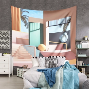 Detail of bohemian wall tapestry featuring 3D abstract geometric architecture and palm trees