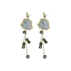 Elegant Chinese ink painting earrings with bamboo accents and long golden tassels