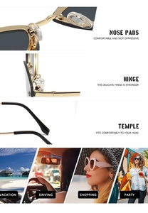 Detail view of cat eye metal frames with reinforced hinges and nose pads for sunglasses