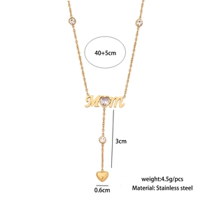 Detail of stainless steel MOM heart pendant necklace with dimensions and material specs
