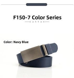 Detailed view of dark blue canvas belt featuring high density weave and metal smooth buckle