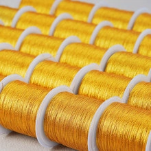 Close-up of vibrant golden jewelry thread spools for DIY Chinese knotting and crafts