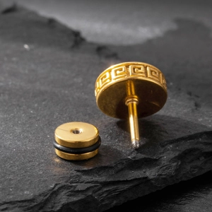 Men's gold stainless steel geometric stud earrings with classic Greek key pattern