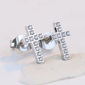 Minimalist 6mm stainless steel cross stud earrings with clear cubic zirconia stones