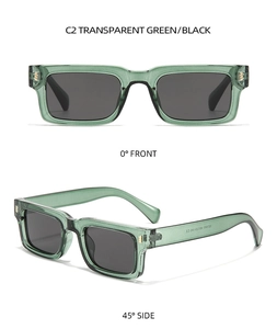 Detailansicht der transparent grünen rechteckigen Sonnenbrille in Front- und 45-Grad-Seitenansicht