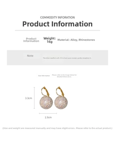 Detailed view of spherical rhinestone earrings with alloy hooks and size dimensions