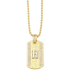 Detail of two-tone H-letter pendant with pavé zircons on a classic bead chain