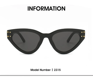 Detail view of black cat eye sunglasses 2315 with gold metal rivets and matte finish