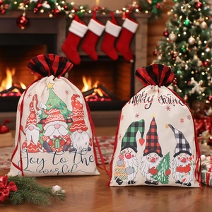 Large Christmas Drawstring Gift Bag Burlap Linen Gnome Pattern Holiday Reusable Candy Sack For Party Decoration