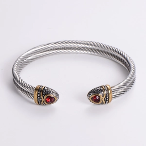 Stainless Steel Twisted Cable Open Cuff Bangle Red Zircon Two Tone Punk Jewelry For Men