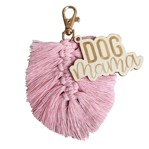 Pink handmade woven macrame tassel keychain with Dog Mama wooden tag and gold clasp