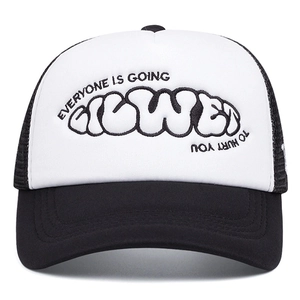 Retro embroidered mesh trucker hat with black and white color blocking for men and women