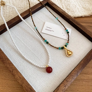 Ethnic gourd necklace with tiger eye stone and zircon in a new Chinese retro style