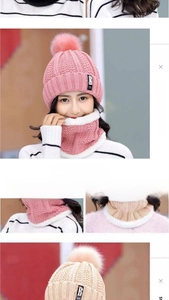Detail of pink and beige knitted hats with warm fleece lining and fluffy pom-pom decoration
