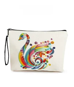Close-up of vibrant swan pattern printing on canvas makeup bag with black zipper